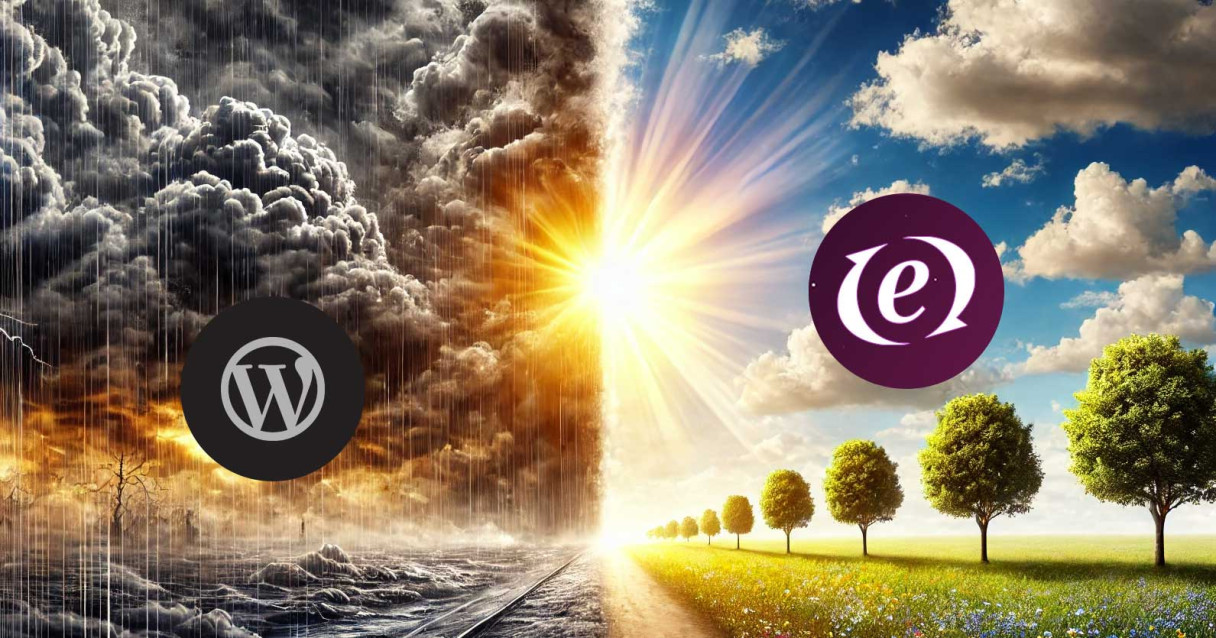 On the left, it's stormy and dark and shows the WordPress logo; on the right, it's bright and sunny and shows the ExpressionEngine logo