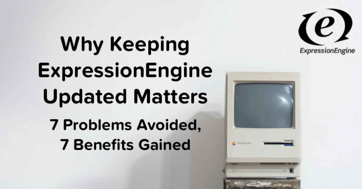 Photo of an old outdated computer against a white wall with black text that reads