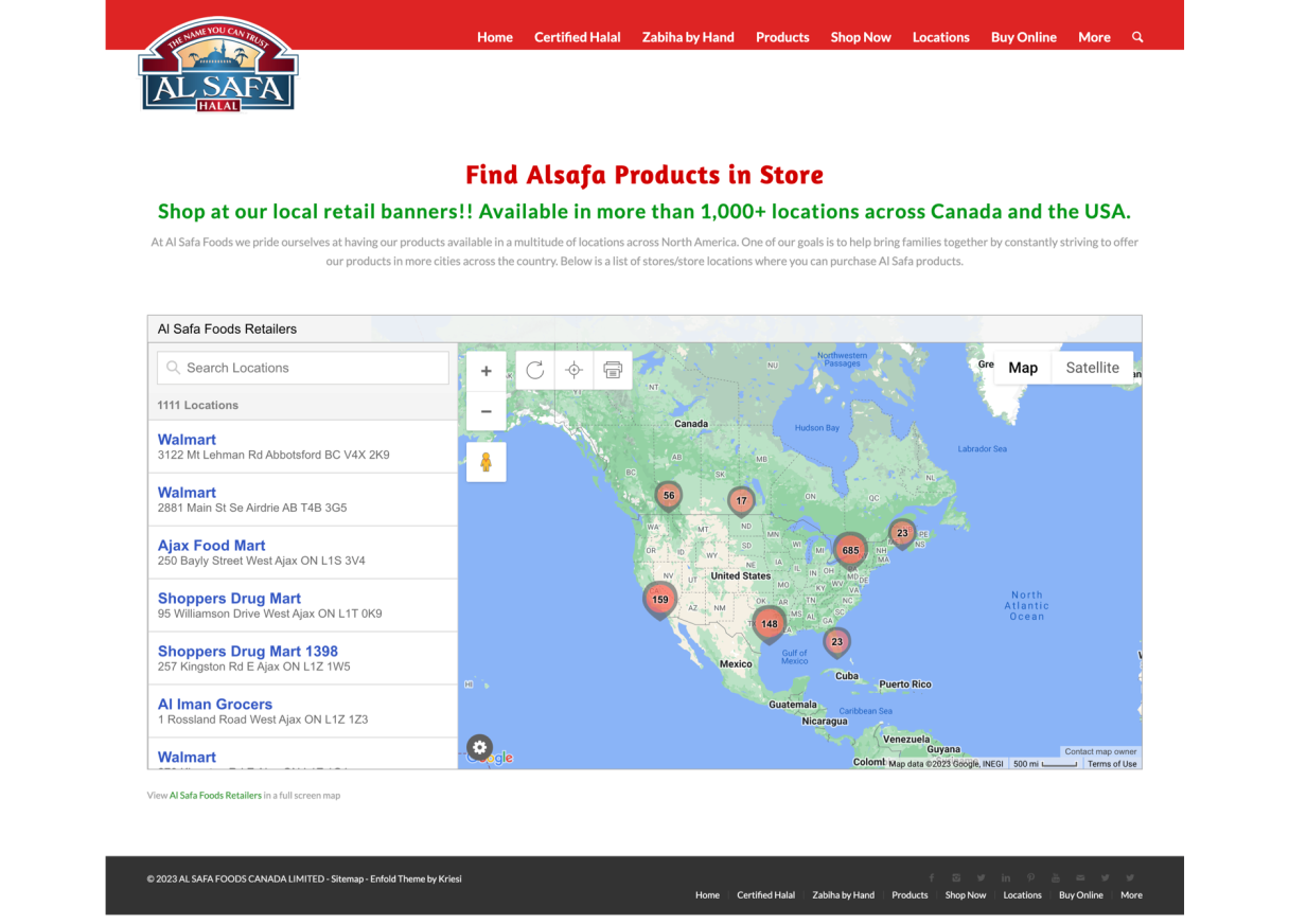 Screenshot of the Al Safa Foods Locations page
