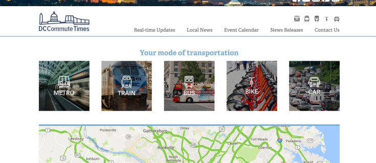 Screenshot of the DC Commute Times website, showing a map