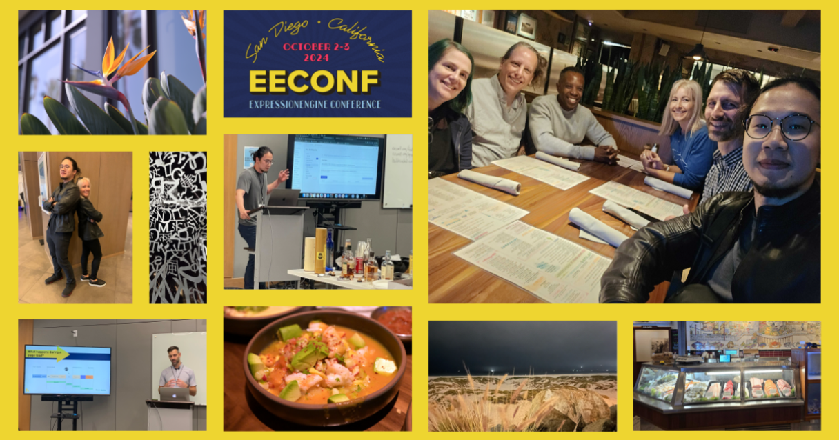 A collage of photos featuring the Hop Studios team during the 2024 EEConf