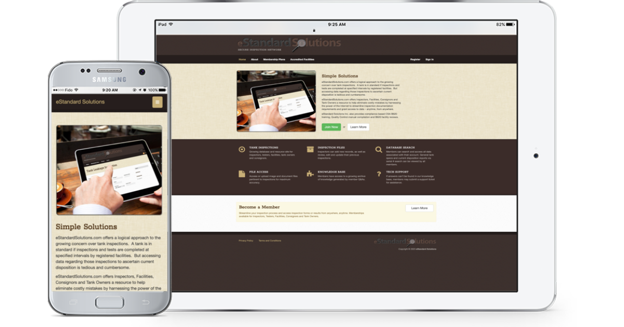 Screenshot of mobile and tablet views of eStandardSolutions' website homepage
