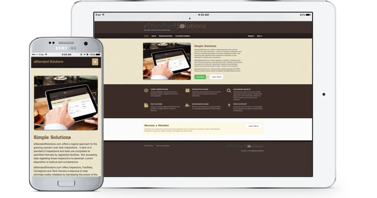 Screenshot of mobile and tablet views of eStandardSolutions' website homepage