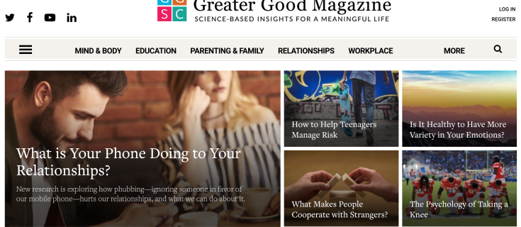 Greater Good Magazine home page screenshot