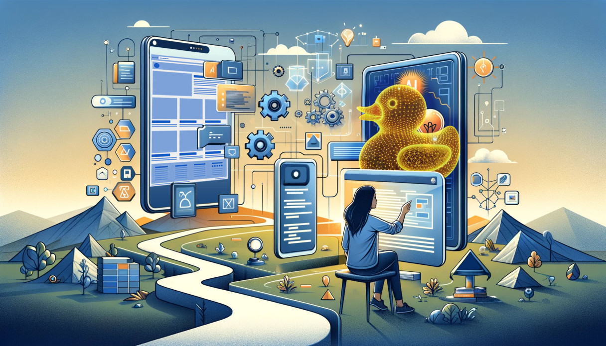 A woman in an artificial landscape working on a screen surrounded by screens and images suggesting web development, presided over by a virtual rubber duck representing AI