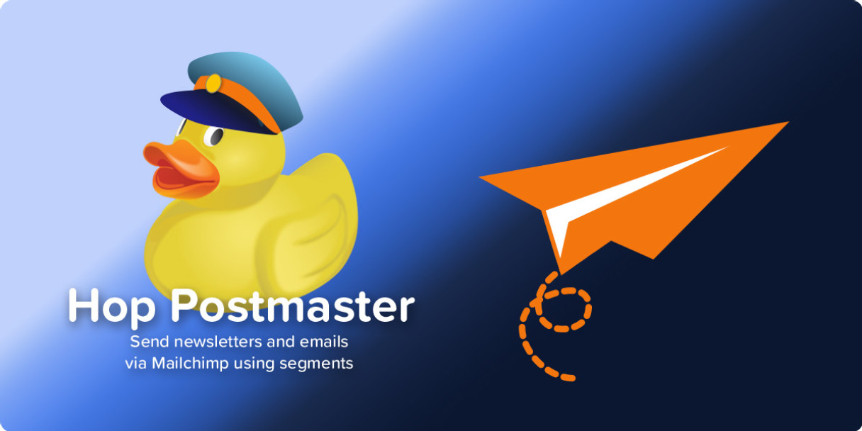 A paper plane with motion line underneath accompanied by a rubber duck wearing a postal carrier hat