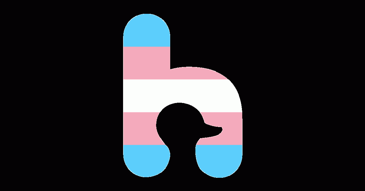 An h striped with blue, pink, and white, with the center opening in the shape of a duck head