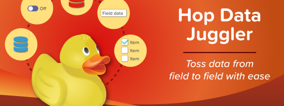 An illustrated duck juggles circles containing form elements. Hop Data Juggler: Toss data from field