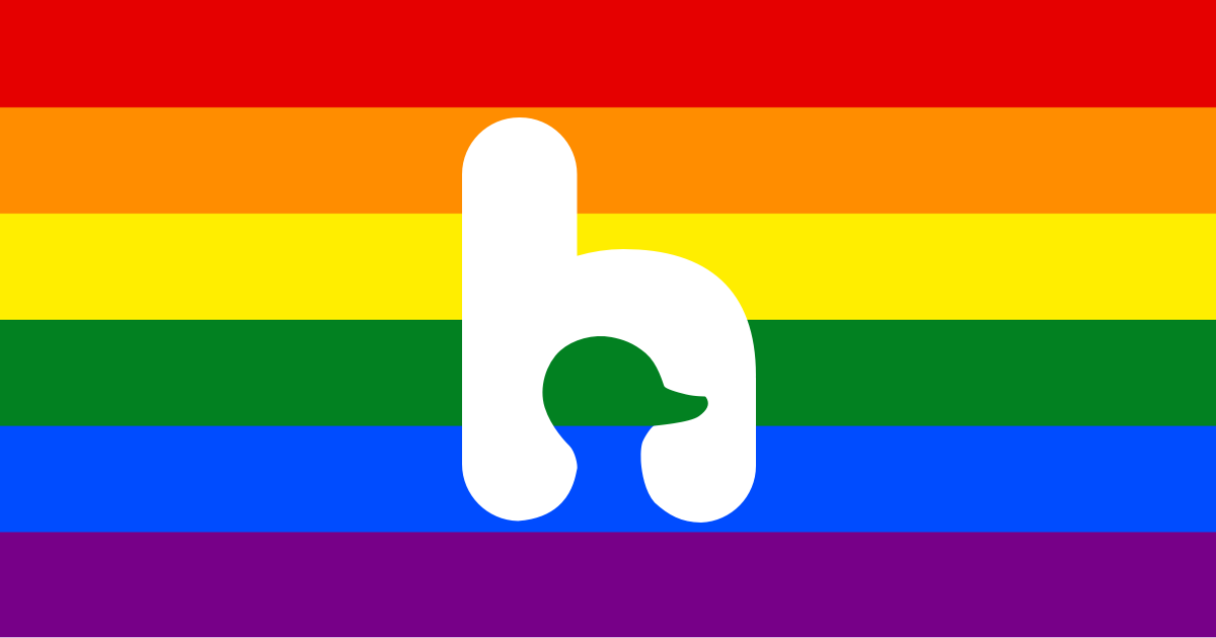 A white lowercase h with a duck head cutout on top of rainbow stripes