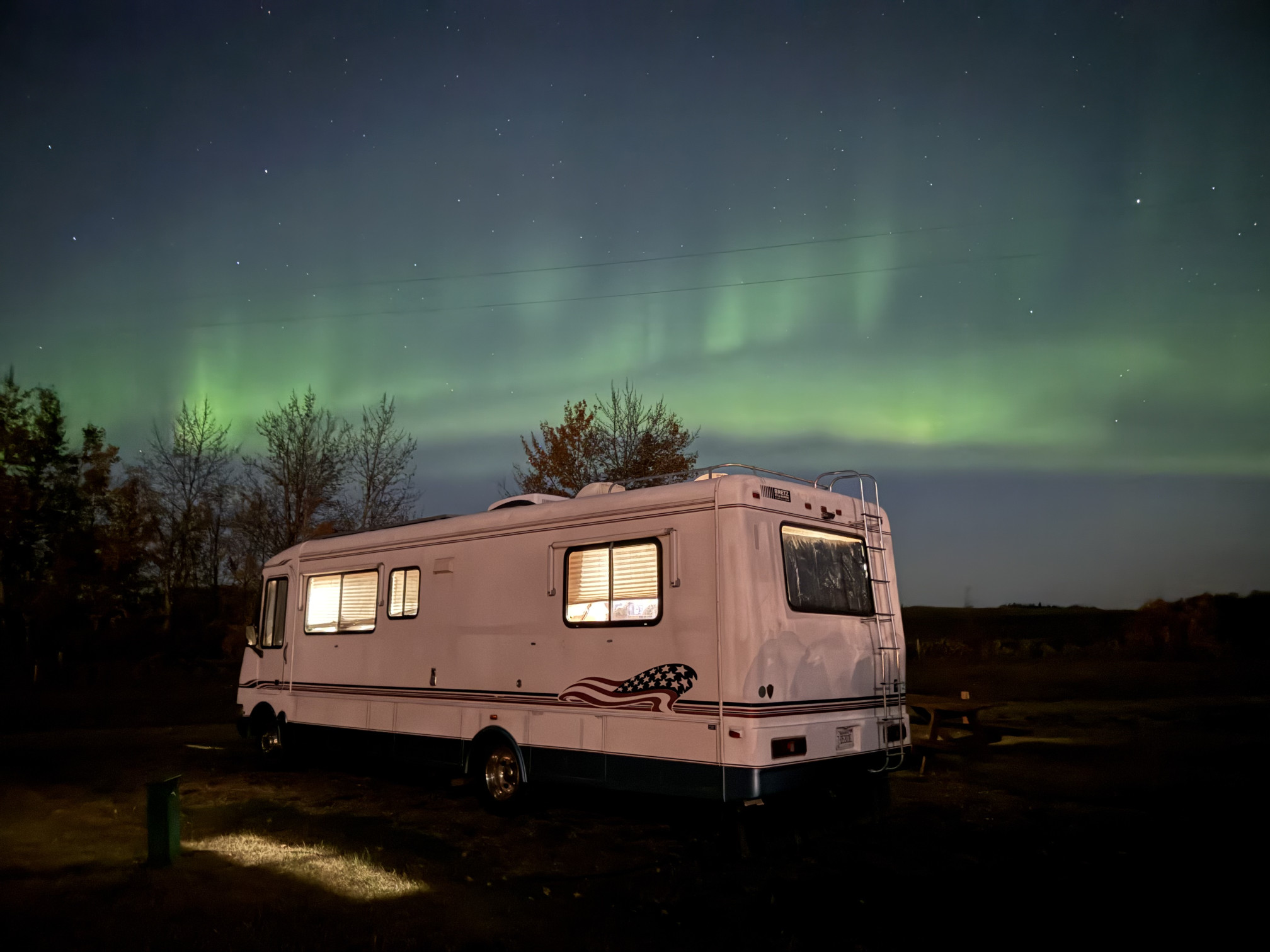 Northern Lights over the RV at Métis Crossing