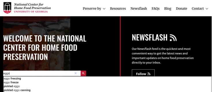 Screenshot of the NCHFP Website Home page showing a search box with autocomplete suggestions