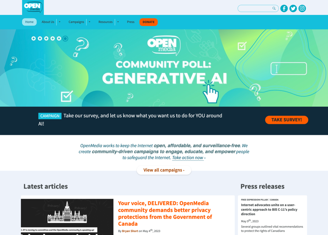 Screenshot of OpenMedia website home page