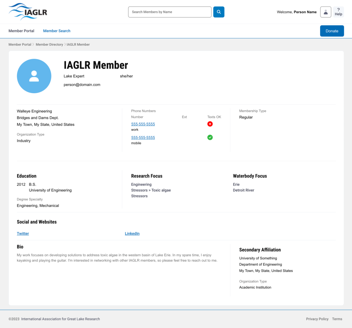 Screenshot of the IAGLR Member Directory profile example