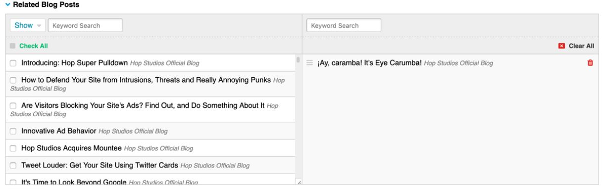 Screenshot showing the Relationships field with a related entry selected