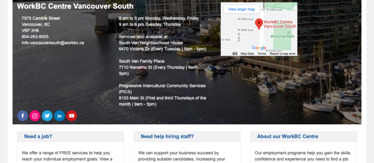 Screenshot of WorkBC Centre Vancouver South home page