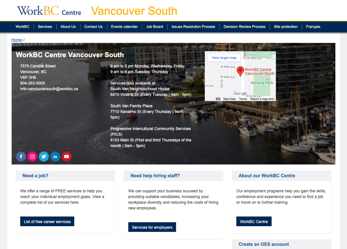 Screenshot of the Vancouver South WorkBC website